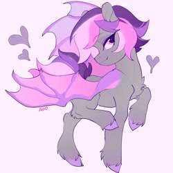 Size: 2048x2048 | Tagged: safe, artist:amo, oc, oc only, bat pony, pony, bat pony oc, bat wings, floating heart, heart, high res, simple background, solo, unshorn fetlocks, wings