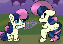 Size: 1999x1382 | Tagged: safe, artist:llametsul, bon bon, sweetie drops, earth pony, pony, g4, g4.5, my little pony: pony life, asking for help, atg 2020, chest fluff, fear, female, generational ponidox, grin, help me, looking at each other, mare, newbie artist training grounds, raised hoof, scared, self ponidox, smiling, text, unshorn fetlocks