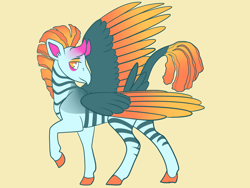 Size: 2800x2100 | Tagged: safe, artist:loryska, oc, oc only, hybrid, colored wings, high res, magical lesbian spawn, offspring, orange background, parent:queen novo, parent:zecora, simple background, solo, two toned wings, wings