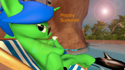Size: 1920x1080 | Tagged: safe, artist:johnnyxluna, oc, oc only, oc:king lightning chaser, 3d, beach chair, chair, drink, kiwi drink, looking at you, relaxing, smiling, smirk, summer, sun, sunglasses