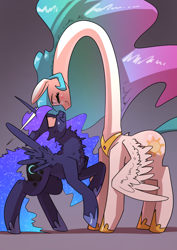 Size: 2480x3508 | Tagged: safe, artist:underpable, princess celestia, princess luna, alicorn, pony, g4, are you frustrated?, blushing, chest fluff, eyes closed, female, gray background, high res, jewelry, long neck, majestic as fuck, mare, meme, necc, neck fluff, nose wrinkle, princess necklestia, raised hoof, regalia, royal sisters, scared, shocked, shrunken pupils, simple background, smuglestia, spread wings, sweat, wat, wavy mouth, what has science done, wide eyes, wing fluff, wings