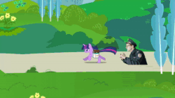 Size: 1920x1080 | Tagged: safe, edit, edited screencap, editor:kanw, screencap, lyra heartstrings, twilight sparkle, human, pony, unicorn, friendship is magic, g4, animated, bag, book, chase, content cop, female, frown, galloping, glare, idubbbz, irl, irl human, looking back, mare, meme, mouth hold, open mouth, photo, running, saddle bag, shitposting, sound, unicorn twilight, walkie talkie, wat, webm, wide eyes