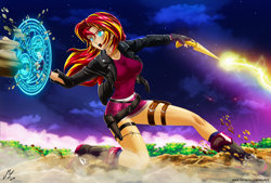 Size: 5336x3610 | Tagged: safe, artist:mauroz, sunset shimmer, equestria girls, g4, anime, clothes, horn wand, jacket, magic, multiple variants, open mouth, shield, solo, sweat