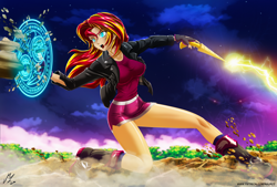Size: 5336x3610 | Tagged: safe, artist:mauroz, sunset shimmer, equestria girls, g4, anime, clothes, horn wand, jacket, magic, multiple variants, open mouth, shield, solo, sweat