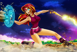 Size: 5336x3610 | Tagged: safe, artist:mauroz, sunset shimmer, equestria girls, g4, anime, clothes, horn wand, magic, multiple variants, open mouth, shield, sleeveless, sweat, tank top