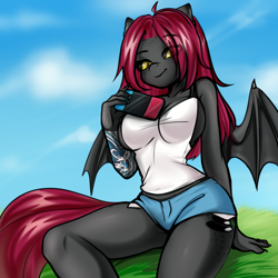 Size: 3000x3000 | Tagged: safe, artist:yutakira92, oc, oc only, oc:reiki, bat pony, anthro, anthro oc, black sclera, breasts, clothes, commission, female, grass, high res, looking at you, mare, nintendo switch, red hair, shorts, sky, smiling, tank top, tattoo, ych result, yellow eyes