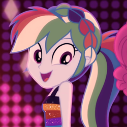 Size: 500x500 | Tagged: safe, screencap, rainbow dash, equestria girls, g4, i'm on a yacht, my little pony equestria girls: better together, bare shoulders, beautiful, clothes, cute, dancing, dashabetes, dress, female, headband, neon eg logo, open mouth, sleeveless, smiling
