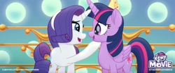 Size: 2048x858 | Tagged: safe, screencap, rarity, twilight sparkle, alicorn, pony, unicorn, g4, my little pony: the movie, crown, female, jewelry, looking at each other, movie, open mouth, regalia, smiling, twilight sparkle (alicorn)