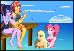 Size: 3202x2214 | Tagged: safe, artist:physicrodrigo, part of a set, applejack, pinkie pie, sci-twi, sunset shimmer, twilight sparkle, mermaid, series:equestria mermaids, equestria girls, g4, barefoot, battleship, belly button, boat, breasts, busty applejack, busty pinkie pie, busty sunset shimmer, clothes, feet, force field, high res, mermaidized, mexico, military, navy, ocean, orange bra, orange underwear, part of a series, pier, pink bra, pink underwear, seashell bra, ship, smiling, species swap, story in the comments, swimsuit, underwear