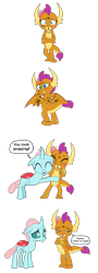Size: 1238x3450 | Tagged: safe, artist:queencold, ocellus, smolder, changeling, dragon, g4, 4 panel comic, anklet, blushing, blushing profusely, bodypaint, bracelet, comic, commission, coral, cute, diaocelles, dragoness, duo, female, hug, jewelry, looking at you, necklace, pearl, reassurance, simple background, smolderbetes, speech bubble, text, transparent background, vector