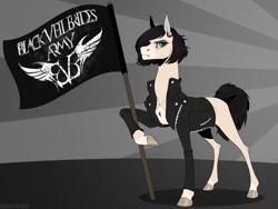 Size: 800x600 | Tagged: safe, artist:dementra369, oc, oc only, oc:kira baer, earth pony, pony, black veil brides, clothes, flag, looking at you, monochrome, ponified, solo