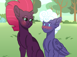 Size: 1400x1050 | Tagged: safe, artist:the-mystery-of-doom, artist:themune, rolling thunder, tempest shadow, pegasus, pony, unicorn, g4, bedroom eyes, blushing, broken horn, bush, eye scar, female, grass, horn, lesbian, mare, nervous, rollingtempest, scar, shipping, tree