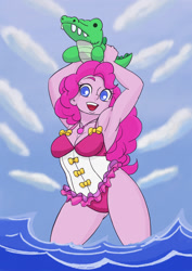 Size: 1061x1501 | Tagged: safe, artist:brother-tico, gummy, pinkie pie, equestria girls, equestria girls specials, g4, my little pony equestria girls: better together, my little pony equestria girls: forgotten friendship, armpits, breasts, cleavage, clothes, cute, diapinkes, female, geode of sugar bombs, lidded eyes, magical geodes, one-piece swimsuit, open mouth, solo, swimsuit, toy, watermark