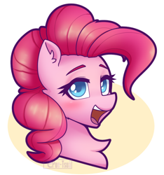 Size: 742x792 | Tagged: safe, artist:puetsua, pinkie pie, earth pony, pony, g4, blushing, bust, circle background, female, happy, looking at you, mare, open mouth, portrait, smiling, solo