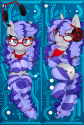 Size: 500x745 | Tagged: safe, artist:lbrcloud, oc, oc only, oc:cinnabyte, :p, adorkable, bandana, body pillow, both sides, cinnabetes, circuit board, clothes, cute, dork, gaming headset, glasses, headphones, headset, meganekko, smiling, socks, striped socks, tongue out