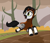 Size: 1050x900 | Tagged: safe, artist:firehearttheinferno, oc, oc only, oc:bazz boost, okapi, black hooves, black mane, brown coat, bush, cloud, cloudy, coat markings, commission, cracks, cute, dirt, facial markings, female, freckles, frolicking, green eyes, happy, horns, jumping, leaping, leonine tail, path, sidewalk, simple background, smiling, socks (coat markings), solo, stripes, tree, wasteland