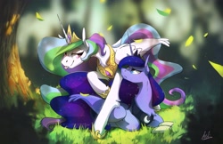 Size: 4096x2650 | Tagged: safe, artist:anticular, princess celestia, princess luna, alicorn, pony, g4, :p, annoyed, book, chest fluff, cute, duo, eye contact, female, fluffy, forest, frown, glare, grass, high res, leaves, leg fluff, lidded eyes, looking at each other, mare, nature, ponyloaf, prone, raised hoof, royal sisters, scenery, siblings, sisters, smiling, smirk, tongue out, tree, unamused, wing fluff