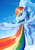 Size: 2665x3800 | Tagged: safe, artist:ravistdash, rainbow dash, pegasus, pony, g4, backwards cutie mark, cheek fluff, cloud, contrail, ear fluff, female, flying, high res, hoof fluff, long tail, looking at you, looking back, looking back at you, mare, profile, sky, smiling, solo, spread wings, tail, underhoof, wings