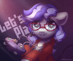 Size: 2000x1661 | Tagged: safe, artist:radioaxi, oc, oc only, oc:cinnabyte, pony, adorkable, cinnabetes, clothes, controller, cute, dork, gamecube controller, glasses, smiling, sweater