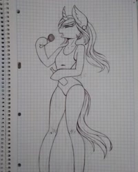 Size: 1080x1350 | Tagged: safe, artist:nickellmollibden134, oc, oc only, unicorn, anthro, arm hooves, beer bottle, clothes, curved horn, ear piercing, eyes closed, graph paper, hoof hold, horn, microphone, one-piece swimsuit, piercing, singing, solo, swimsuit, traditional art, unicorn oc