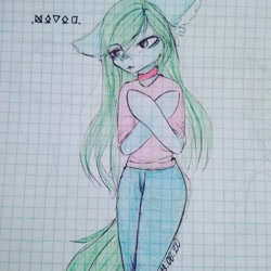 Size: 1080x1080 | Tagged: safe, artist:nickellmollibden134, oc, oc only, earth pony, anthro, arm hooves, choker, clothes, earth pony oc, female, graph paper, pants, shirt, solo, text, traditional art