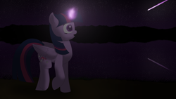 Size: 3840x2160 | Tagged: safe, artist:astralr, twilight sparkle, alicorn, pony, g4, female, high res, lake, magic, meteor, mountain, night, reflection, solo, stars, twilight sparkle (alicorn), walking