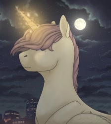 Size: 1080x1204 | Tagged: safe, artist:ash_helz, oc, oc only, alicorn, pony, alicorn oc, building, bust, cloud, full moon, glowing horn, horn, moon, night, solo, stars, wings