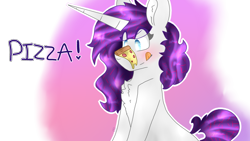 Size: 2560x1440 | Tagged: safe, artist:shinningblossom12, oc, oc only, pony, unicorn, blushing, chest fluff, food, horn, licking, licking lips, pizza, simple background, solo, text, tongue out, transparent background, unicorn oc
