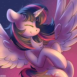 Size: 3000x3000 | Tagged: safe, artist:lilclim, twilight sparkle, alicorn, pony, chest fluff, cute, eyes closed, female, flying, high res, mare, night, profile, sky, smiling, solo, spread wings, stars, twiabetes, twilight sparkle (alicorn), wings
