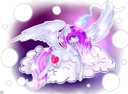 Size: 1150x848 | Tagged: safe, artist:shinningblossom12, oc, oc only, oc:anasflow maggy, oc:shinning blossom, alicorn, pony, alicorn oc, cloud, female, fusion, glowing horn, horn, mare, on a cloud, simple background, solo, transparent background, wings