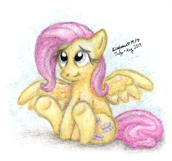 Size: 974x910 | Tagged: safe, artist:kirbyliscious, fluttershy, pegasus, pony, g4, female, looking up, mare, pencil drawing, sitting, smiling, solo, spread wings, three quarter view, traditional art, wings