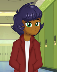 Size: 1753x2203 | Tagged: safe, artist:danielitamlp, capper dapperpaws, equestria girls, g4, my little pony: the movie, canterlot high, clothes, equestria girls-ified, green eyes, hallway, jacket, lockers, looking at you, male, smiling, solo