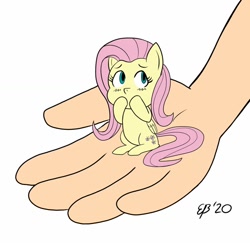 Size: 900x873 | Tagged: safe, artist:cartoon-eric, fluttershy, human, pegasus, pony, g4, blushing, chibi, covering mouth, cute, disembodied hand, female, folded wings, hand, in goliath's palm, looking away, looking up, mare, micro, raised hoof, shyabetes, simple background, sitting, solo, tiny, tiny ponies, white background, wings