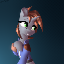 Size: 2300x2300 | Tagged: safe, artist:shido-tara, oc, oc only, oc:littlepip, pony, unicorn, fallout equestria, clothes, fanfic, fanfic art, female, grin, high res, hooves, horn, jumpsuit, mare, pipbuck, simple background, smiling, solo, vault suit