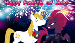 Size: 2064x1204 | Tagged: safe, fizzlepop berrytwist, prince blueblood, tempest shadow, g4, 4th of july, american independence day, annoyed, armor, arrogant, belligerent sexual tension, berryblood, bowtie, female, fireworks, glare, holiday, insulted, male, night, sexual tension, shipping, smug, straight, tempest shadow is not amused, this will end in pain, this will not end well, uh oh, unamused