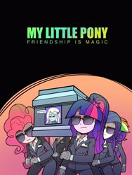 Size: 3000x4000 | Tagged: safe, artist:emerald-light, fluttershy, pinkie pie, rainbow dash, rarity, sci-twi, trixie, twilight sparkle, equestria girls, g4, :t, clothes, coffin, coffin dance, gloves, meme, offscreen character, sunglasses, trixie is not amused, unamused