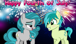 Size: 2064x1204 | Tagged: safe, artist:cheezedoodle96, edit, idw, sandbar, swift foot, earth pony, pony, thracian, g4, 4th of july, american independence day, blushing, eye contact, fake cutie mark, female, fireworks, holiday, looking at each other, male, night, raised hoof, shipping, straight, swiftbar