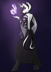 Size: 2480x3508 | Tagged: safe, artist:lunathemoongod, oc, oc only, oc:melody blaze, unicorn, anthro, black and white, clothes, dress, fire, grayscale, high res, magic, monochrome, purple background, simple background, socks, solo