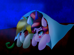 Size: 1024x768 | Tagged: safe, artist:teoflory3, oc, oc:benny, oc:fleury, blanket, blushing, oc x oc, shipping, sleeping