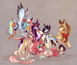 Size: 3879x3312 | Tagged: safe, artist:iheyyasyfox, applejack, fluttershy, pinkie pie, rainbow dash, rarity, twilight sparkle, alicorn, pony, g4, alternate design, backwards ballcap, baseball cap, cap, colored wings, colored wingtips, hat, high res, mane six, twilight sparkle (alicorn)