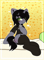 Size: 2000x2700 | Tagged: safe, artist:etoz, pony, bed, bedroom eyes, butt, butt blush, clothes, commission, disguise, disguised siren, eye clipping through hair, eyebrows, eyebrows visible through hair, fangs, femboy, high res, hoof on chest, horn, jewelry, kellin quinn, looking at you, male, necklace, plot, ponified, shirt, sitting, sleeping with sirens, slit pupils, stallion, stockings, t-shirt, thigh highs, underhoof, ych result