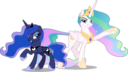 Size: 12000x6814 | Tagged: safe, artist:fruft, princess celestia, princess luna, alicorn, pony, between dark and dawn, g4, .svg available, absurd resolution, duo, raised hoof, royal sisters, simple background, smiling, smirk, transparent background, vector