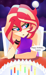 Size: 2166x3564 | Tagged: safe, artist:xan-gelx, sunset shimmer, equestria girls, g4, birthday cake, cake, candle, dialogue, food, full moon, high res, moon, sleeveless, solo, speech bubble, tsundere, tsunset shimmer
