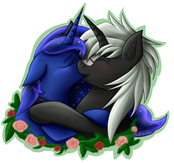Size: 2534x2367 | Tagged: safe, artist:hilis, princess luna, oc, alicorn, kaiju, kaiju pony, pony, g4, canon x oc, crossover, crossover shipping, duo, eyes closed, female, flower, godzilla junior, high res, kiss on the lips, kissing, lunazilla, male, shipping, simple background, straight, transparent background