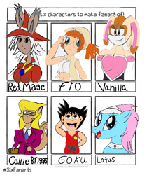 Size: 570x680 | Tagged: safe, artist:dakotastomp96, lotus blossom, cat, earth pony, human, pony, rabbit, rat, anthro, g4, animal, anthro with ponies, breasts, business suit, bust, callie briggs, choker, clothes, crossover, dragon ball, dragon ball z, female, final fantasy, final fantasy tactics advance, freya crescent, glasses, hat, male, mare, metal slug, six fanarts, smiling, son goku, sonic the hedgehog (series), swat kats, vanilla the rabbit, witch hat
