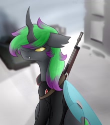 Size: 1658x1896 | Tagged: safe, artist:chrystal_company, oc, oc only, changeling, changeling oc, clothes, gun, solo, weapon