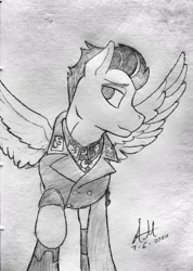 Size: 634x888 | Tagged: safe, artist:biergarten13, oc, oc:windburst, pegasus, pony, fallout equestria, fallout equestria: ghosts of the past, fallout equestria: project horizons, 202nd, clothes, colonel, egotistical, fanfic art, fighter pilot, officer, spread wings, traditional art, uniform, wings