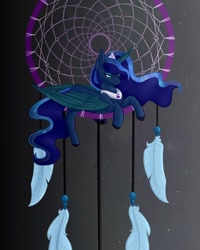 Size: 1080x1350 | Tagged: safe, artist:chrystal_company, princess luna, alicorn, pony, g4, colored hooves, dreamcatcher, ethereal mane, female, jewelry, peytral, prone, solo, starry mane, tiara