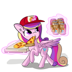 Size: 9000x9000 | Tagged: safe, artist:tjpones, princess cadance, rainbow dash, alicorn, pony, absurd resolution, cadance's pizza delivery, can, cap, cheese pizza, cream soda, cute, cutedance, ear fluff, eating, female, food, hat, magic, mare, meat, peetzer, pepperoni, pepperoni pizza, pizza, pizza box, ponies eating meat, soda, soda can, solo, telekinesis, that pony sure does love pizza