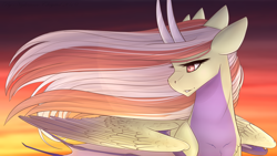 Size: 1920x1080 | Tagged: safe, artist:chrystal_company, oc, oc only, alicorn, bicorn, pony, alicorn oc, horn, multiple horns, solo, sunset, wings